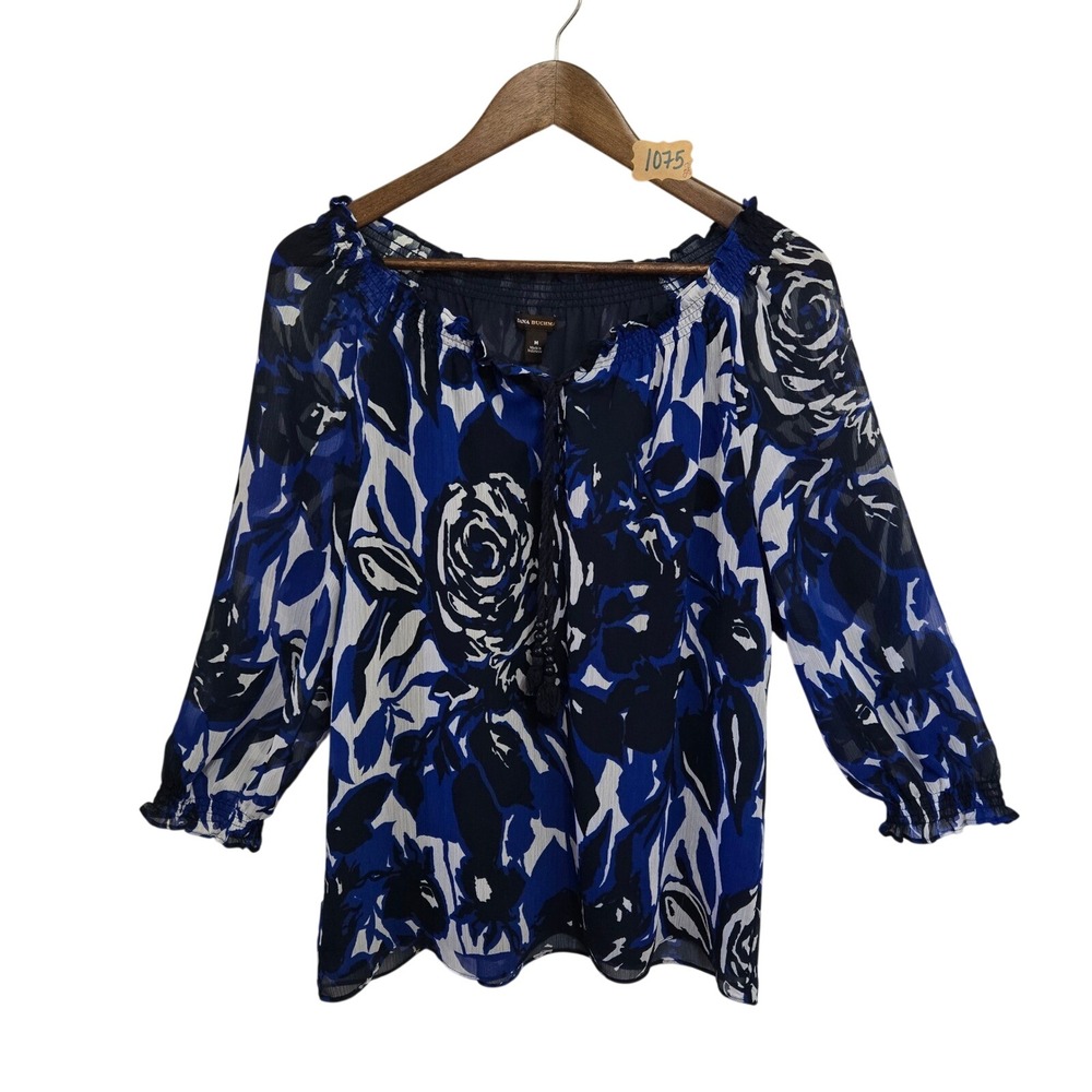 Dana Buchman Blue Floral Chiffon Peasant Blouse Off Shoulder Tassel Top Womens M